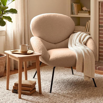 Accent Chair, Cloud Accent Chair for Bedroom, Boucle Fabric (Camel) | Comfy Bedroom Chair with Love Back and Sturdy And Durable Solid-Wood Frame/ Study Room / Bedroom / Living Room /(Cream Style)