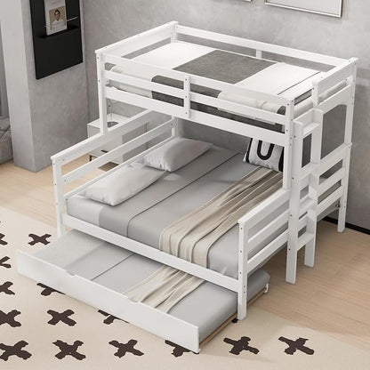 Wood Bunk Bed Twin XL Over Queen Size with Trundle, Detachable Design Bunk Bed Frame with Safety Guardrail, Ladder and Sturdy Slats Support (White+Trundle)