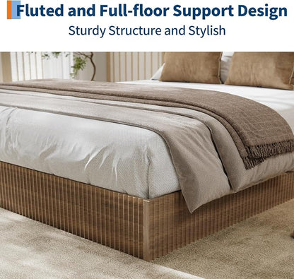Garvee Full Bed Frame, Wood Platform Bed with Fluted Design, Low Profile BedFrame, Minimalist Bed Base with Noise-Free, Easy Assembly, No Box Spring Needed, Walnut