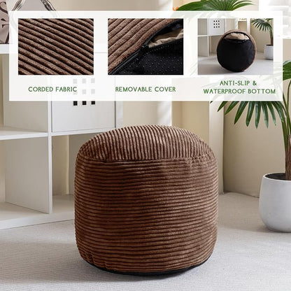 HIGOGOGO Round Stuffed Pouf Ottoman, Corduroy Poufs with Foam Chunk Filling, Furry and Fluffy Pouf Foot Stool Storage Ottoman, 26 X 18 Floor Poufs Foot Rest for Living Room, Brown