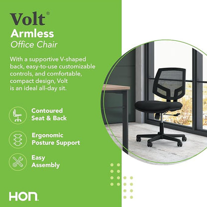 HON Volt Ergonomic Office Chair with Mesh Back, Armless Fabric Desk and Computer Chair with Center‑Tilt Recline and Wheels for Home Office or Workstation, Black