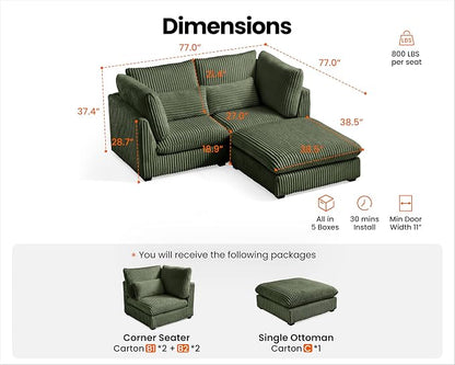 77" Oversized Corduroy Couch Modular Sectional Sofa, Washable Cloud Couch Sectional with Ottoman, 3 Seater Sectional Couches for Living Room, Fully Cover Removable, L Shaped, Corduroy, Green