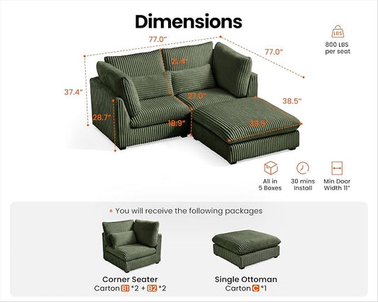77" Oversized Corduroy Couch Modular Sectional Sofa, Washable Cloud Couch Sectional with Ottoman, 3 Seater Sectional Couches for Living Room, Fully Cover Removable, L Shaped, Corduroy, Green