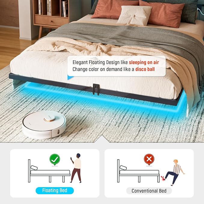 Floating Twin Size Platform Bed Frame with LED Lights & Charging Station - Includes Powered Screwdriver for Assembly, Mattress Fasteners & Corner Pads, Hardened Steel