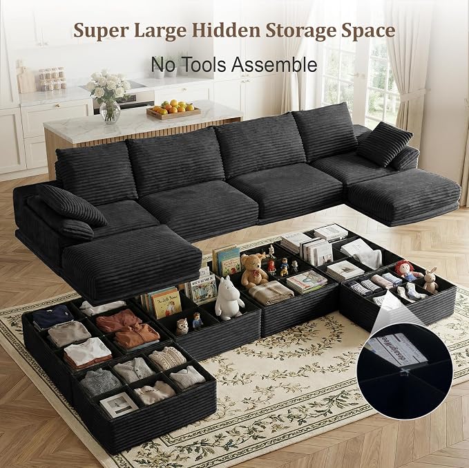 142" Modular U-Shaped Sectional Sofa with Storage, 4-Seat Corduroy Boneless Couch, 27" Deep Seat Cloud Couch & 2 Movable Ottoman, Tool-Free Assembly, Couch for Living Room, Black