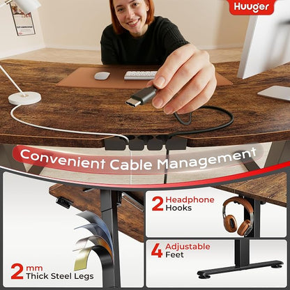 Huuger Electric Standing Desk with Power Outlets and USB-C Port, 55 X 24 Inch Height Adjustable Desk, Sit Stand Desk for Home Office, Computer & Gaming Desk with 4 Presets, Rustic Brown