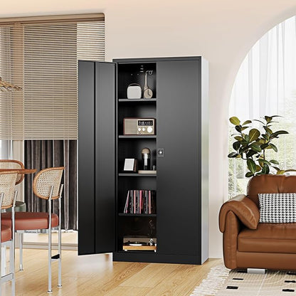 Fesbos Metal Storage Cabinet-72” Black Tall Steel File Cabinets with Lockable Doors and Adjustable Shelves-Black Steel Storage Cabinet for Kitchen, Office, Garage