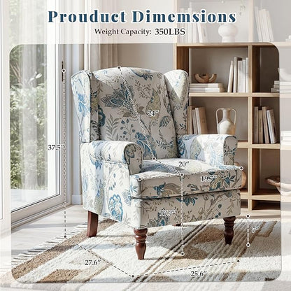 EROMMY Floral Accent Chair, Comfortable High Back Upholstered Armchair with Solid Wood Legs, Leisure Single Sofa Chair for Living Room, Home Office, Bedroom, Blue Floral