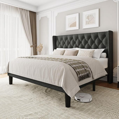 Einhomn King Size Platform Bed Frame with Upholstered Wingback Headboard, 12" Under Bed Space, Wooden & Metal Slats Support, No Box Spring Needed, Black