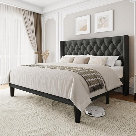 Einhomn King Size Platform Bed Frame with Upholstered Wingback Headboard, 12" Under Bed Space, Wooden & Metal Slats Support, No Box Spring Needed, Black