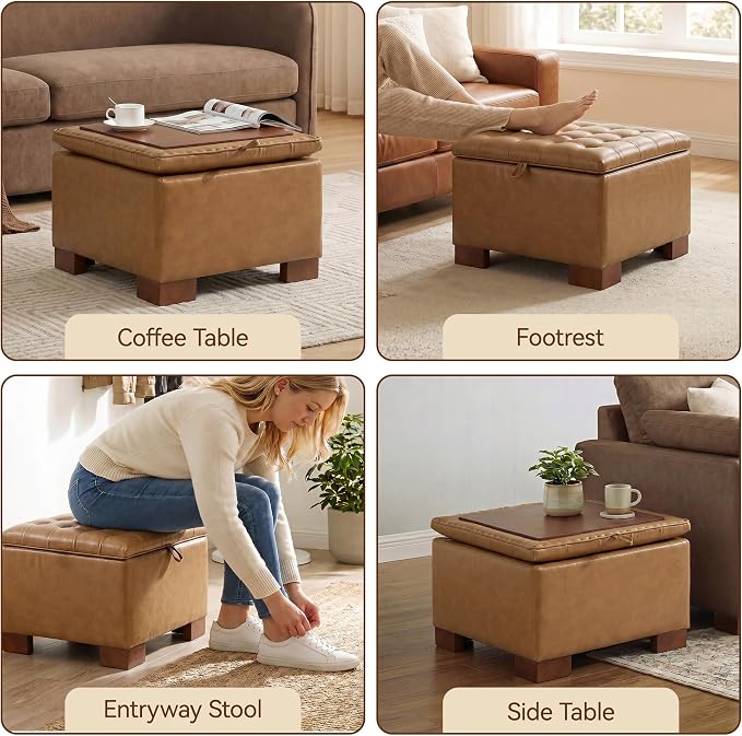 24 Inch Square Storage Ottoman Coffee Table, Modern Tufted Upholstered Ottoman with Flip Tray and Solid Wood Legs, Suitable for Living Rooms, Faux Leather Brown