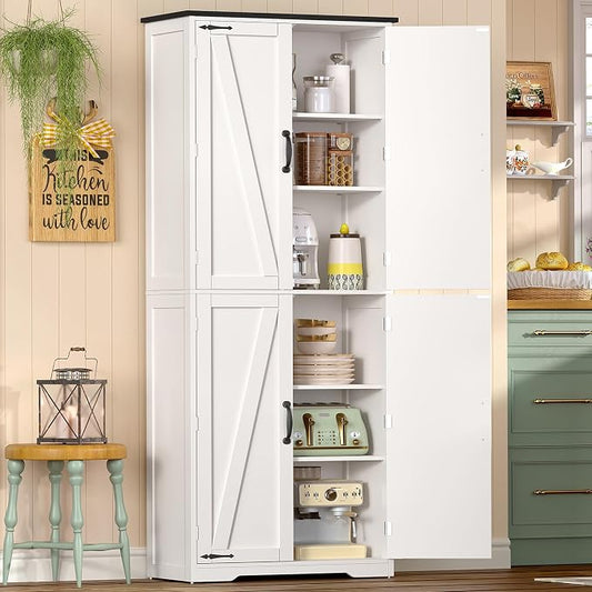 TEENFON Tall Pantry Cabinet, Kitchen Cabinet with 4 Shelves, Adjustable Shelves, Pantry Cabinets with 4 Barn Doors, Tall Kitchen Cabinets for Dining Room, Living Room, White