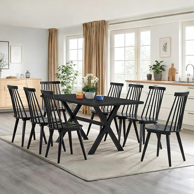 DUHOME Black Windsor Wooden Dining Chairs Set of 8, Wood Dining Room Chair Black Spindle Side Kitchen Room Country Farmhouse Chairs