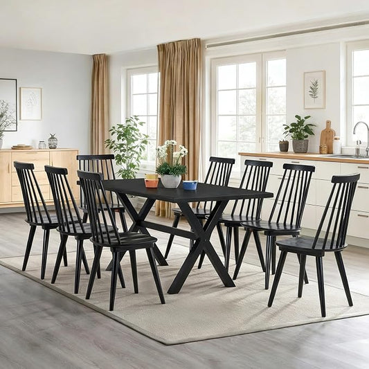 DUHOME Black Windsor Wooden Dining Chairs Set of 8, Wood Dining Room Chair Black Spindle Side Kitchen Room Country Farmhouse Chairs