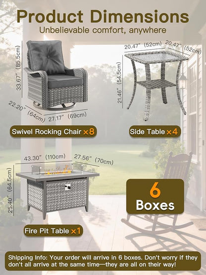 13-Piece Outdoor Conversation Set with 43" Fire Pit Table, 8 Swivel Rocking Chairs (4" Cushions) & 4 Side Tables, All-Weather PE Rattan & Steel Frame for Deck, Backyard, Charcoal Gray