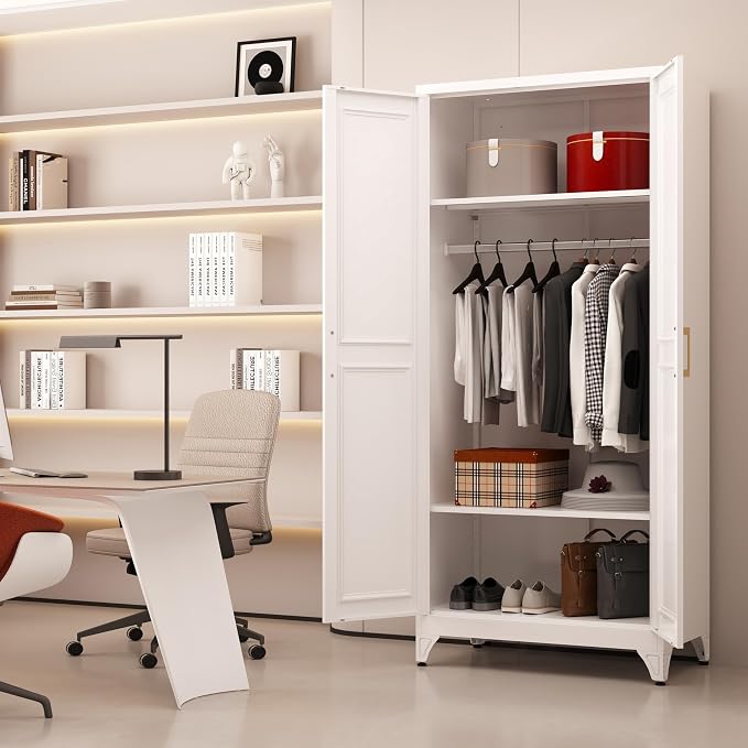 Armoire Wardrobe Closet with Hanging Rod, 71" Tall Metal Clothes Storage Cabinet with Doors and Adjustable Shelves, White Wardrobe Cabinet, Steel Closet for Bedroom, Bathroom, Office, School