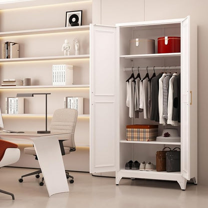 Armoire Wardrobe Closet with Hanging Rod, 71" Tall Metal Clothes Storage Cabinet with Doors and Adjustable Shelves, White Wardrobe Cabinet, Steel Closet for Bedroom, Bathroom, Office, School