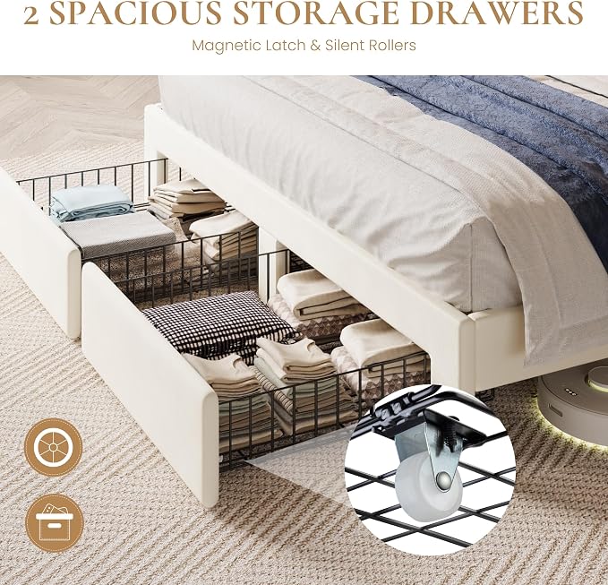 SHA CERLIN Queen Velvet Platform Bed Frame with 2 Storage Drawers, LED Storage Headboard with Charging Station, Upholstered Wingback Headboard, Noise-Free, No Box Spring Needed, Easy Assembly, White
