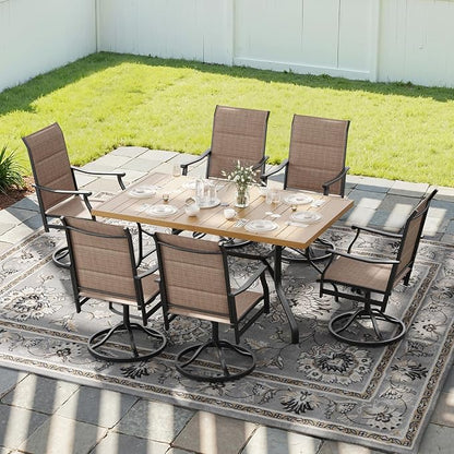 Soohow Outdoor Dining Set for 6, 7-Piece Patio Table and Chairs Set, 6 x Swivel Patio Dining Chairs and 60"x35" Wood-Like Outdoor Table with 1.57" Umbrella Hole for Backyard, Poolside