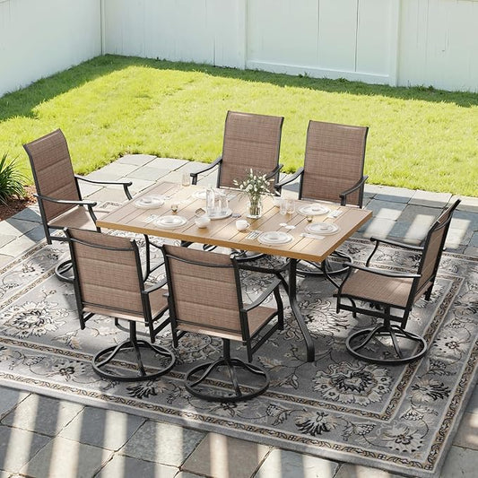 Soohow Outdoor Dining Set for 6, 7-Piece Patio Table and Chairs Set, 6 x Swivel Patio Dining Chairs and 60"x35" Wood-Like Outdoor Table with 1.57" Umbrella Hole for Backyard, Poolside