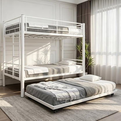 Livavege Detachable Bunk Bed Twin Over Twin with Trundle, Heavy Duty Bunk Beds for 3 Kids/Teens/Adults with Safety Guardrails & Ladder, Space Saving 3 Metal Bed Frame for Bedroom, Dorm, White