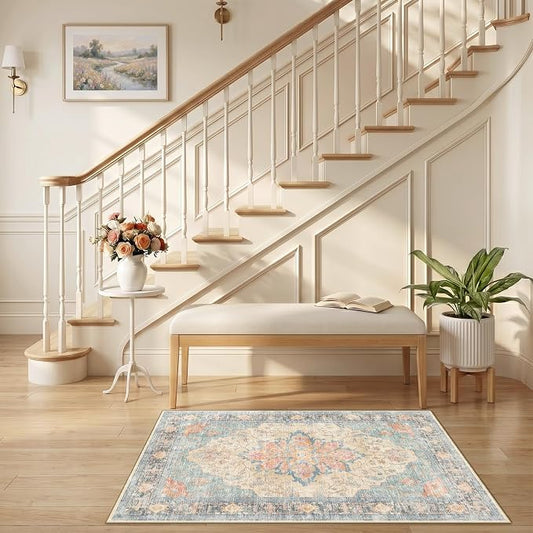 RELEANY Area Rugs Small 2'6"x4' Washable Non-Slip, Floral Vintage Distress Medallion Carpet for Kitchen Entryway Bathroom, Blue Orange Red