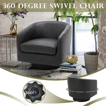Swivel Accent Chair, Faux Leather Barrel Club Arm Chair Upholstered Round Armchair for Lving Room, Modern Small Bedroom Reading Seat - Black