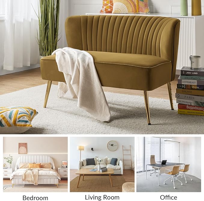 TINA'S HOME Mid-Century Velvet Loveseat Sofa, Upholstered Loveseat Couch with Golden Metal Legs, Small Tufted 2-Seat Sofa Armless Love Seat for Living Room Bedroom, Golden