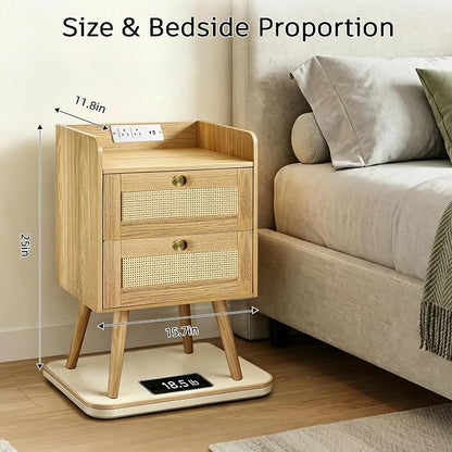 Nightstand with Charging Station, 2 Drawers, Boho Style Rattan Decor Bedside Table, Solid Wood Legs, Open Storage End Table for Bedroom, Small Spaces and Dorm, Natural