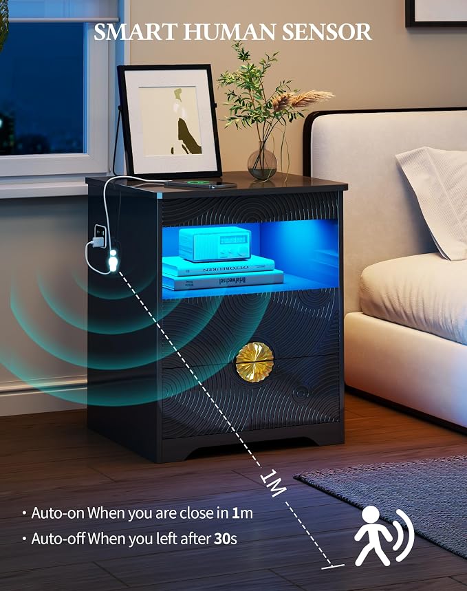 Modern Nightstand Set 2 with Gun Drawer, Bedside Table with 3-Color LED Lights & Human Sensor, Smart Night Stands with Charger Station, 2 Drawers End Table for Bedroom, Black