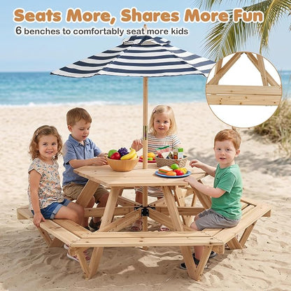 Costzon Kids Picnic Table, Hexagonal Wooden Toddler Outdoor Table and Bench Set with Removable Umbrella, Kids Outdoor Furniture for Patio Lawn Garden Backyard, Seats Up to 6 Children Age 3+ (Natural)