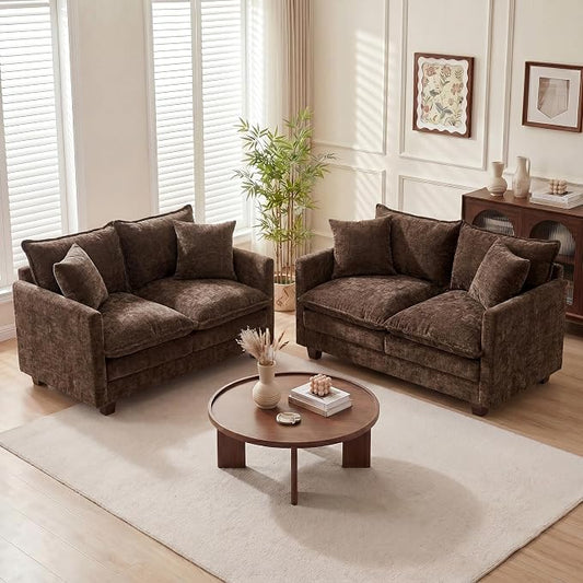 Loveseat Sofa Couch 2 Piece Set, Small Compact 50" Love Seat 27" Deep Cloud Sofa Set Washable Chenille Pillow Living Room Set for Apartment Office 8833-BROWN-2+2