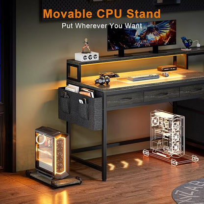 REAHOME 61 Inch Gaming Desk with Charging Station and LED Lights, Reversible Computer Desk with Storage Drawer and Monitor Stand, Modern Desk Table with File Cabinet & Side Pocket, Grey Oak