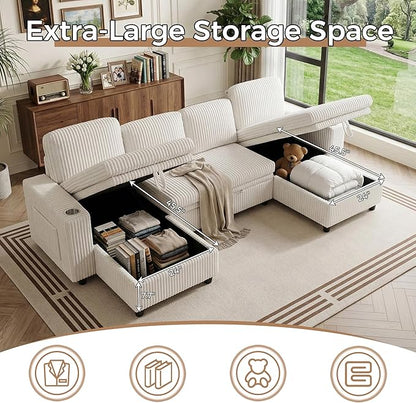 Modular Sectional Sleeper Sofa with Pull Out Bed, Plush Corduroy U Shaped Couch with Storage Chaise, USB Ports, Cup Holders, Comfy Sectional Couches for Living Room, Beige