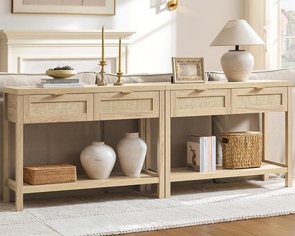 SICOTAS Console Table Set of 2 - Boho Entryway Table with Storage and Rattan Drawers, 2 Tier Shelf, Narrow Long Sofa Tables for Living Room, Natural Entry Table for Hallway, Foyer