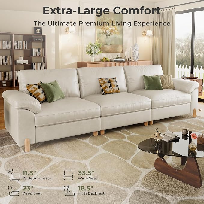 SITJOY Large Cloud Couch, 118" Wide 3 Seater Sofa, Faux Leather in White | Pet-Friendly Scratch-Resistant Leather Sectional Sofas for Living Room, Deep Seat Wide Couch