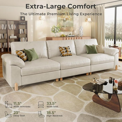 SITJOY Large Cloud Couch, 118" Wide 3 Seater Sofa, Faux Leather in White | Pet-Friendly Scratch-Resistant Leather Sectional Sofas for Living Room, Deep Seat Wide Couch