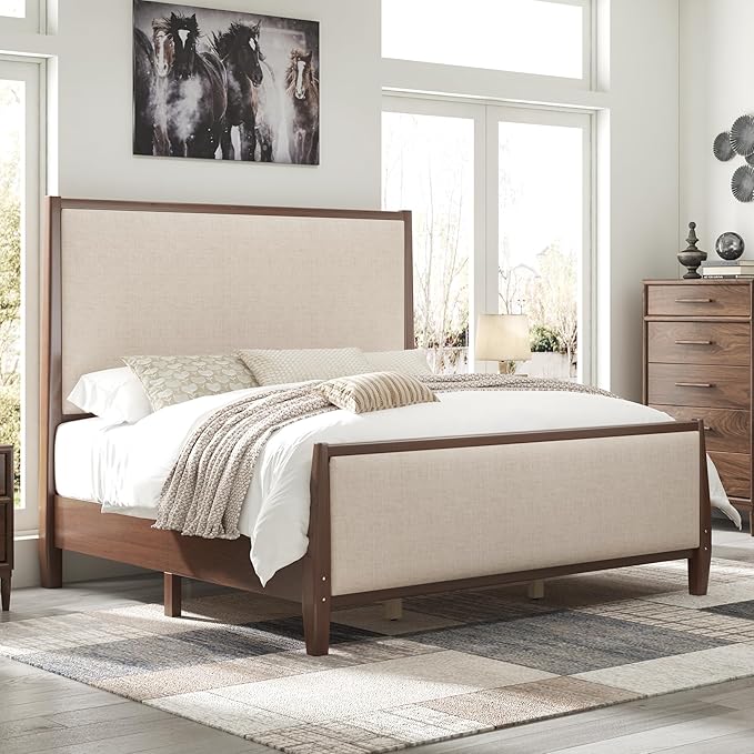 Jocisland 58" Tall Solid Wood Queen Bed Frame with Upholstered Headboard & Footboard, Wooden Platform Bedframe, No Box Spring Needed, Easy Assembly, Modern Farmhouse Style, Dark Walnut