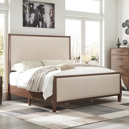 Jocisland 58" Tall Solid Wood Queen Bed Frame with Upholstered Headboard & Footboard, Wooden Platform Bedframe, No Box Spring Needed, Easy Assembly, Modern Farmhouse Style, Dark Walnut