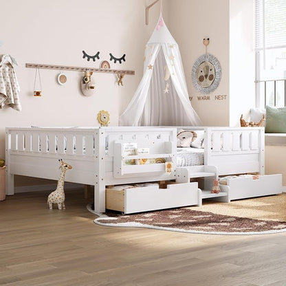 Bellemave Queen Size Bed with Slats and Stairs, Queen Size Platform Bed Frame with Fence, Bookshelf and Storage Drawers, Easy Assemble Beds for Girls, Boys, White