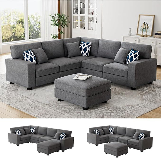 Legend Vansen Oversized Modular Sectional Sofa,U/L‑Shaped Reversible Couch with Ottoman,Deep Seat Plush Polyester Sofa for Living Room,6‑Seater,Dark Grey