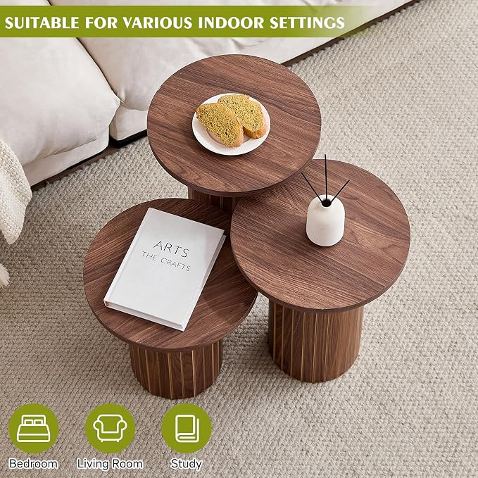 Round Side Tables Set of 3, Circle Modern Fluted Nesting Coffee Table, Accent End Table Set for Living Room and Bedroom, Brown