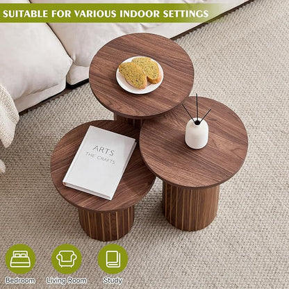 Round Side Tables Set of 3, Circle Modern Fluted Nesting Coffee Table, Accent End Table Set for Living Room and Bedroom, Brown