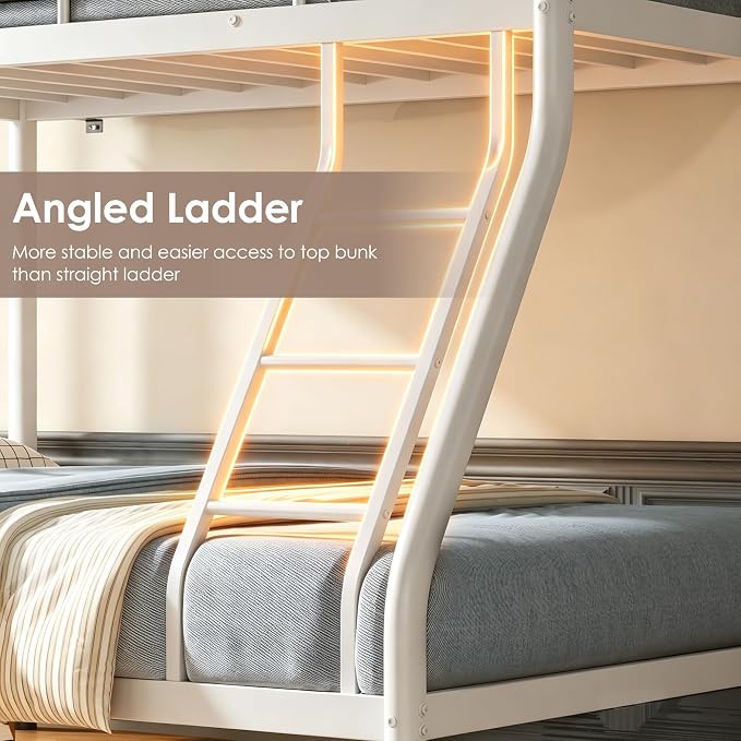 Bunk Beds Twin Over Full Size, Heavy Duty Metal Bunk Bed Frame with Angled Ladder for Teens and Adults, for Spaces-Saving, Smooth Rounded Edges, Noise Free & Easy Assembly, White