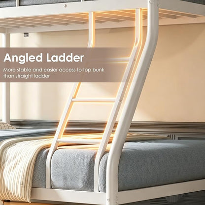 Bunk Beds Twin Over Full Size, Heavy Duty Metal Bunk Bed Frame with Angled Ladder for Teens and Adults, for Spaces-Saving, Smooth Rounded Edges, Noise Free & Easy Assembly, White