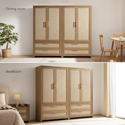 SICOTAS Larger Armoire Wardrobe Closet, 71" Tall Rattan Freestanding Wardrobe Cabinet with Storage and 2 Drawers, Boho Clothes Organizer with Hanging Rod for Bedroom, Oak (2 Pieces)