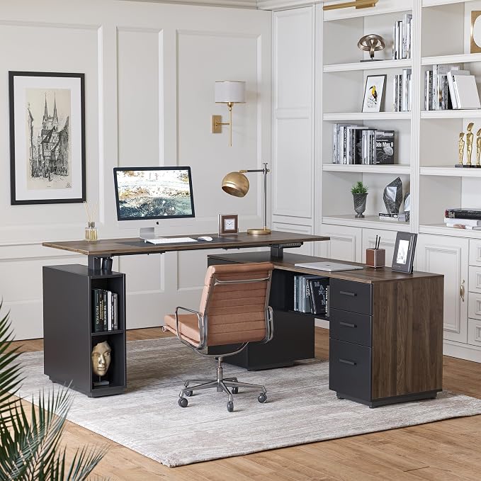 FEZIBO L Shaped Standing Desk, 63 inch Executive Standing Desk, Adjustable Height Desk with Storage Drawers for Home Office, Deep Wood Grainy