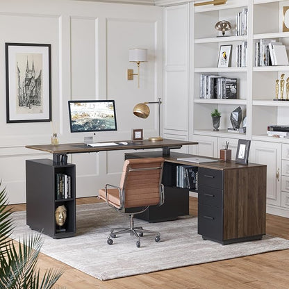FEZIBO L Shaped Standing Desk, 63 inch Executive Standing Desk, Adjustable Height Desk with Storage Drawers for Home Office, Deep Wood Grainy