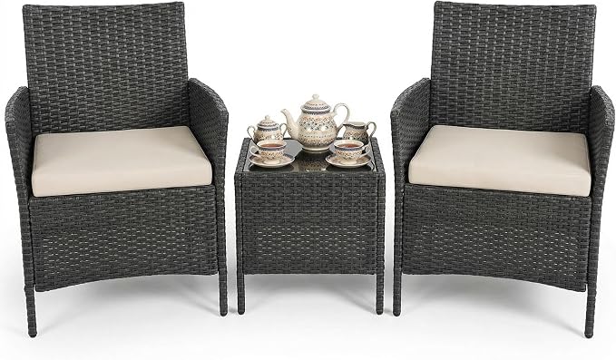 3 Piece Patio Furniture Set, Outdoor Patio Wicker Sofa Set with Upholstery and Glass Storage Coffee Table, All Weather Conversation Rattan Set for Garden, Porch, Lawn, Pool, Black+White