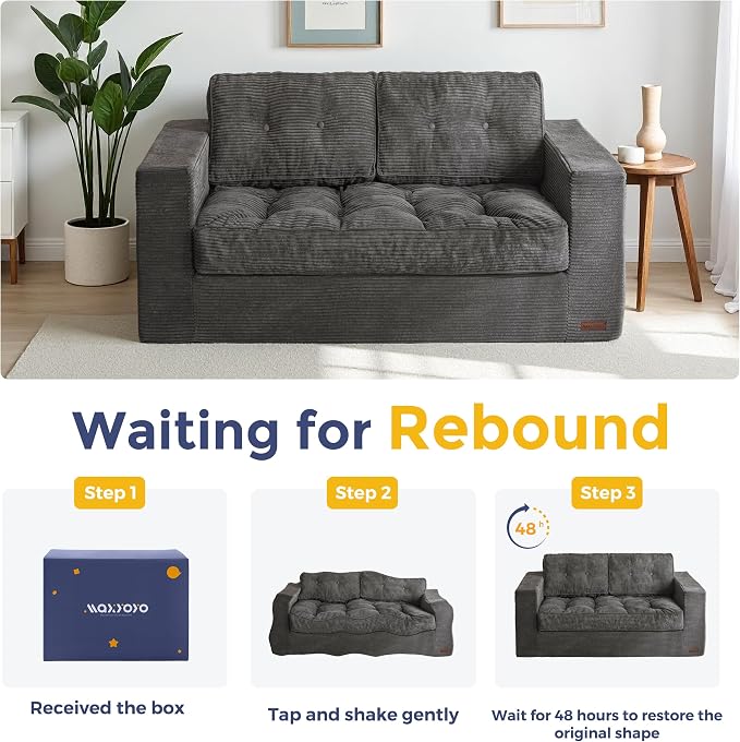 MAXYOYO Loveseat Sofa Couch, Upholstered Bean Bag Chair Cloud 2-Seat for Adults, Boneless Couch with Tufted Cushion & Pillows, Sofa in A Box, No Assembly Required, Dark Grey
